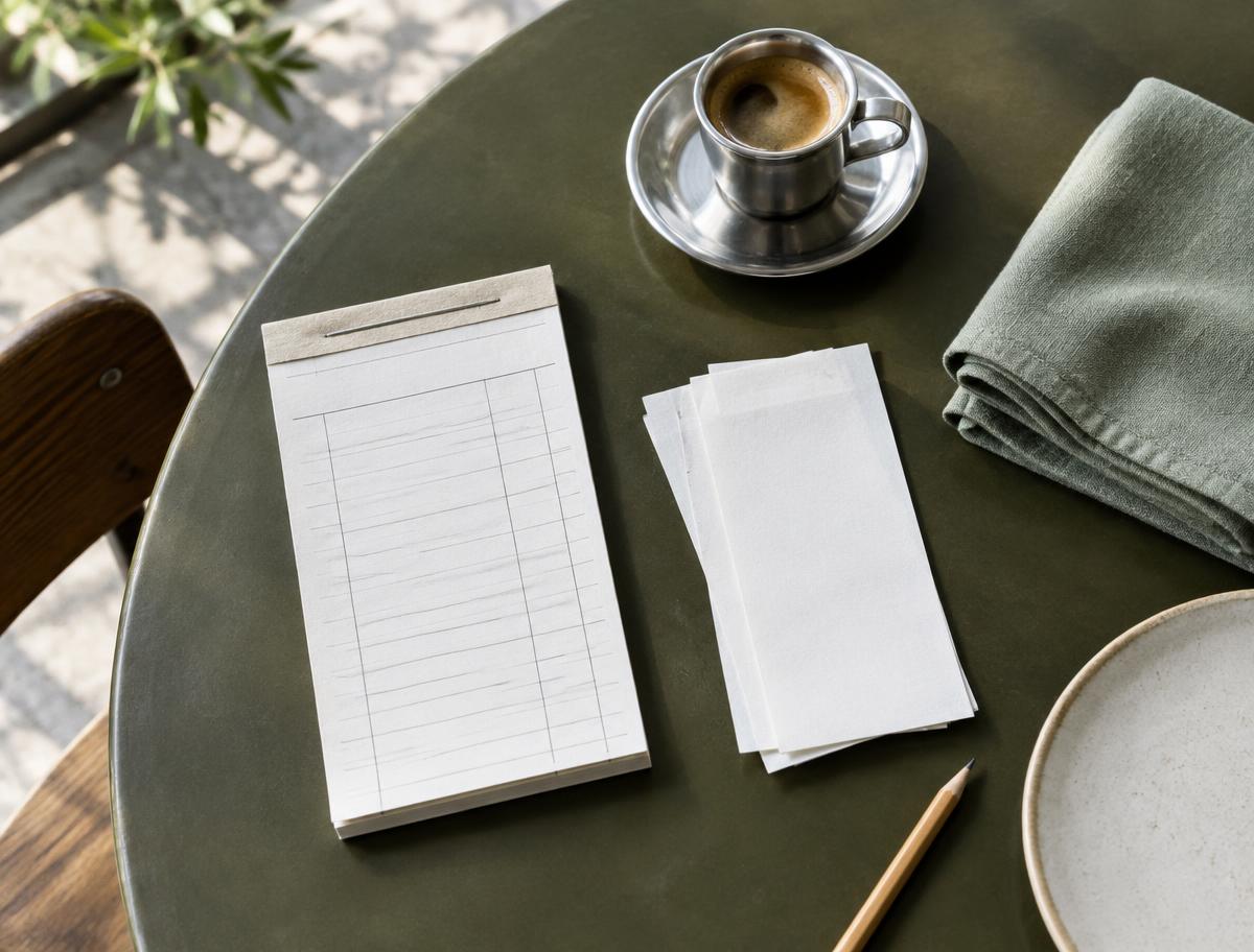 Restaurant order records, receipts, and coffee on a table